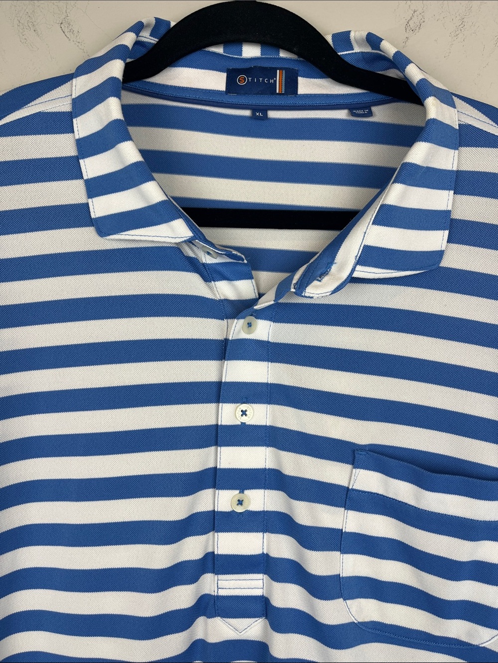 Stitch Stripe Performance Golf Polo Shirt Pocket Blue/White Men's Size XL